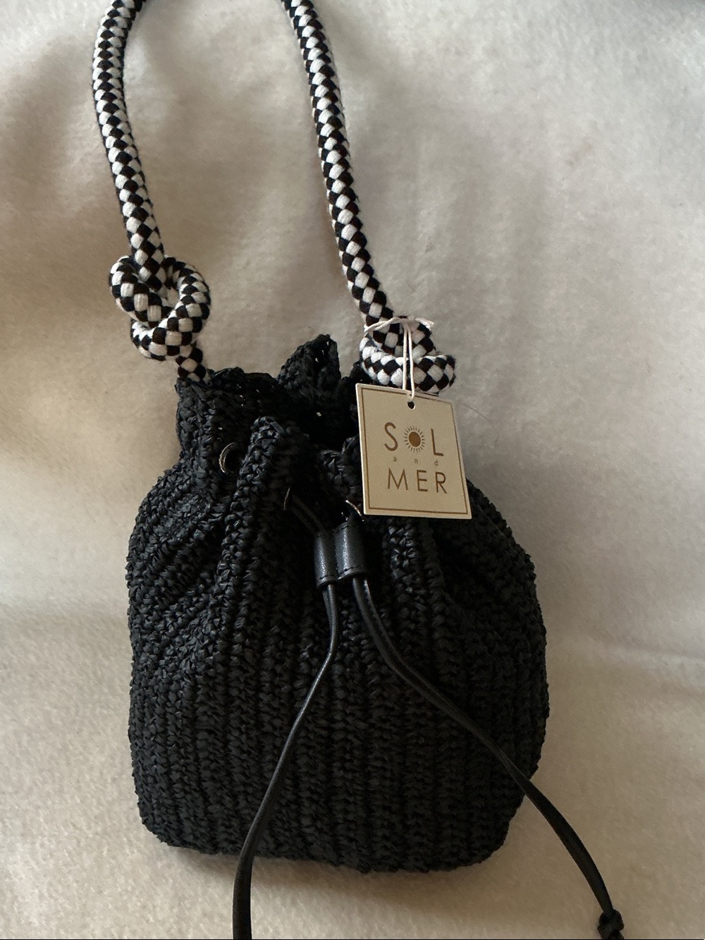 Sol Mer Black Knit Drawstring Bucket Shoulder Bag with Check Rope Strap